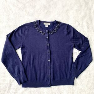 New Ladies Beaded Crewneck Cardigan In Navy